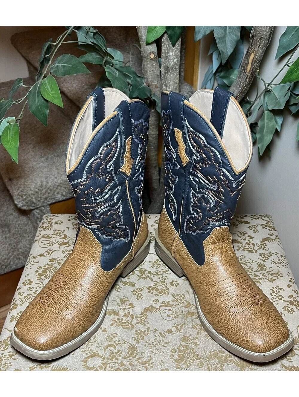 Roper Western Boots Mens Square Stitch Black/Brown Size 7.5